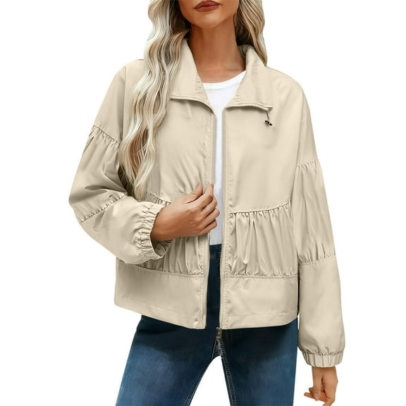 Dgankt Jackets for Women Lightweight Zip-up Windbreaker Casual Stand Collar Ruched Jacket,Sizes S-2XL
