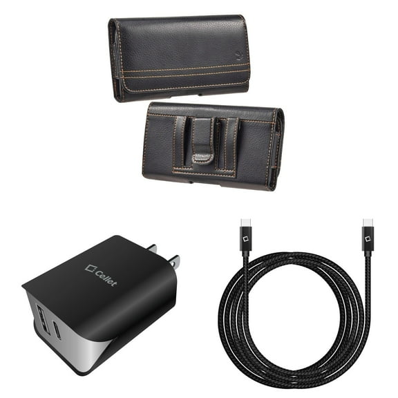 Holster and Wall Charger Bundle for Samsung Galaxy S21 FE 5G: Horizontal Pro Belt Pouch Case (Black) and UL Certified 18W Dual USB Port (Type-C & USB-A) Power Adapter