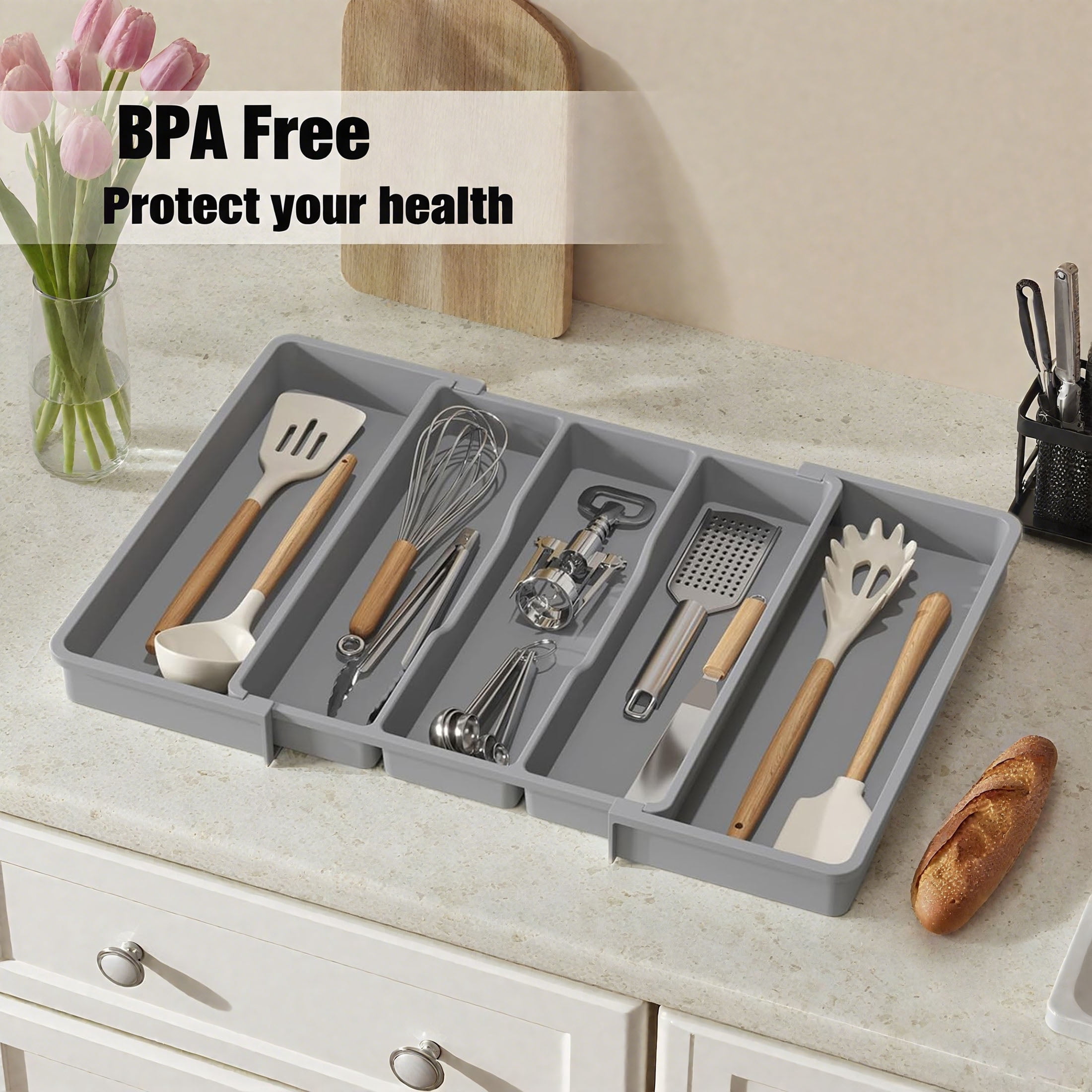 ORFELD Extendable Utensil Tray for Drawer,Multipurpose Kitchen Organizers and Storage Solution，Adjustable BPA-Free Cutlery Holder for Spoons, Forks, Grey