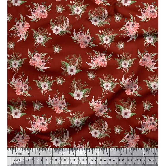 Soimoi Red Cotton Duck Fabric Mignon Dahlia & Peony Floral Printed Craft Fabric 1 Yard 44 Inch Wide
