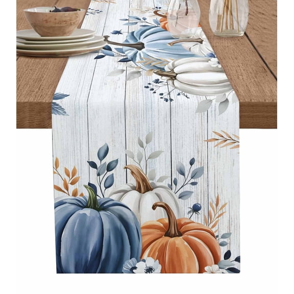 Blue Pumpkins Fall Table Runner 90 Inches, Thanksgiving Eucalyptus Leaves Wooden Bed Runner Dresser Scarves Tabletop for Indoor Outdoor Parties/Ceremony/Banquet, 13" x 90"