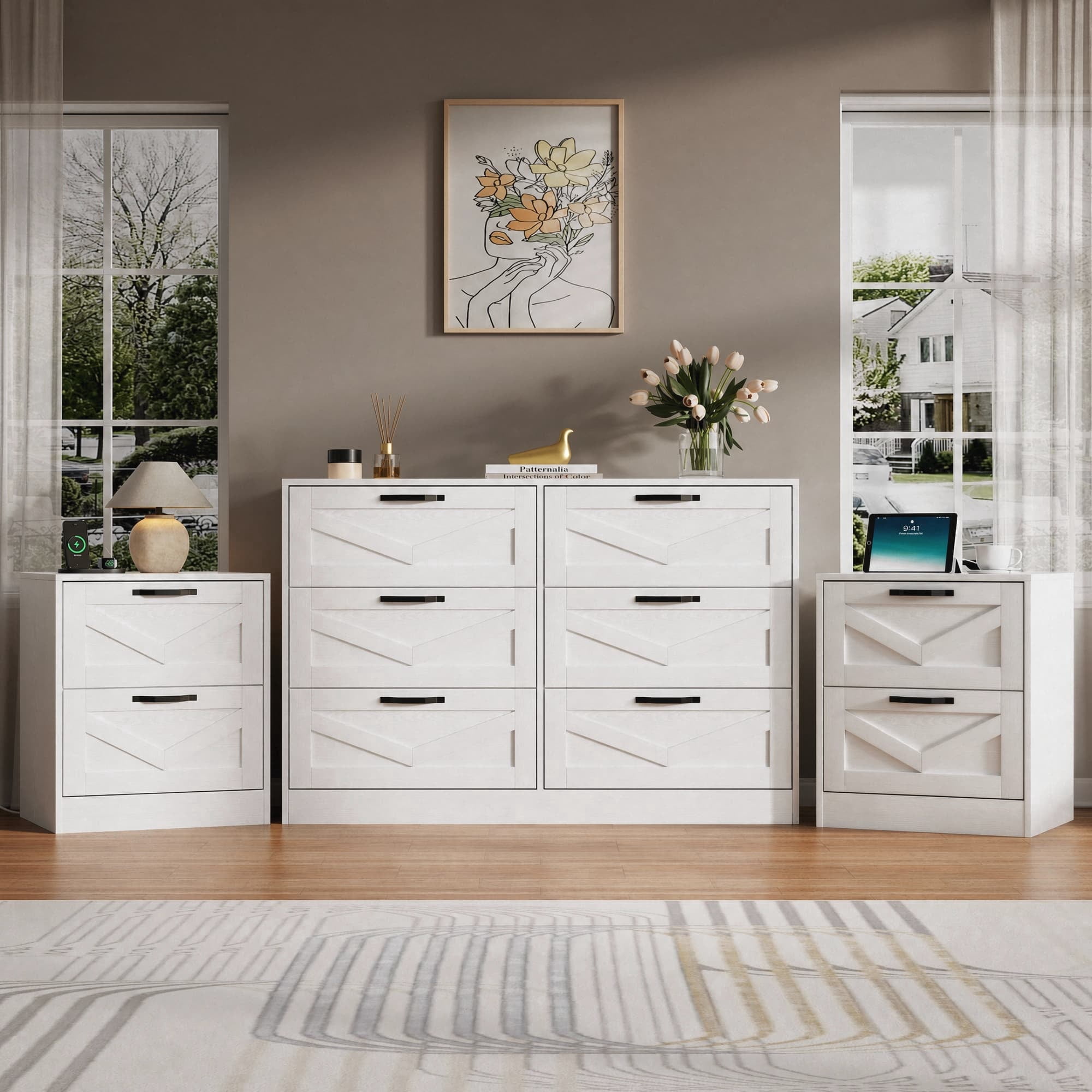 RichYa 3 Piece Bedroom Furniture Set, White 6 Drawer Dresser and Nightstand Set with Charging Station for Living Room,Adult