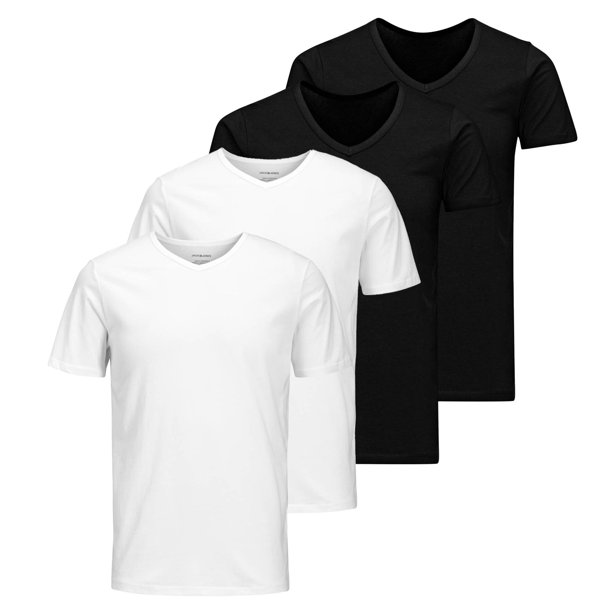Jack & Jones Camiseta para Hombre, Pack de 4 - JACBASIC V-NECK TEE, Manga corta, lisa, algodón Negro/blanco S (Small)