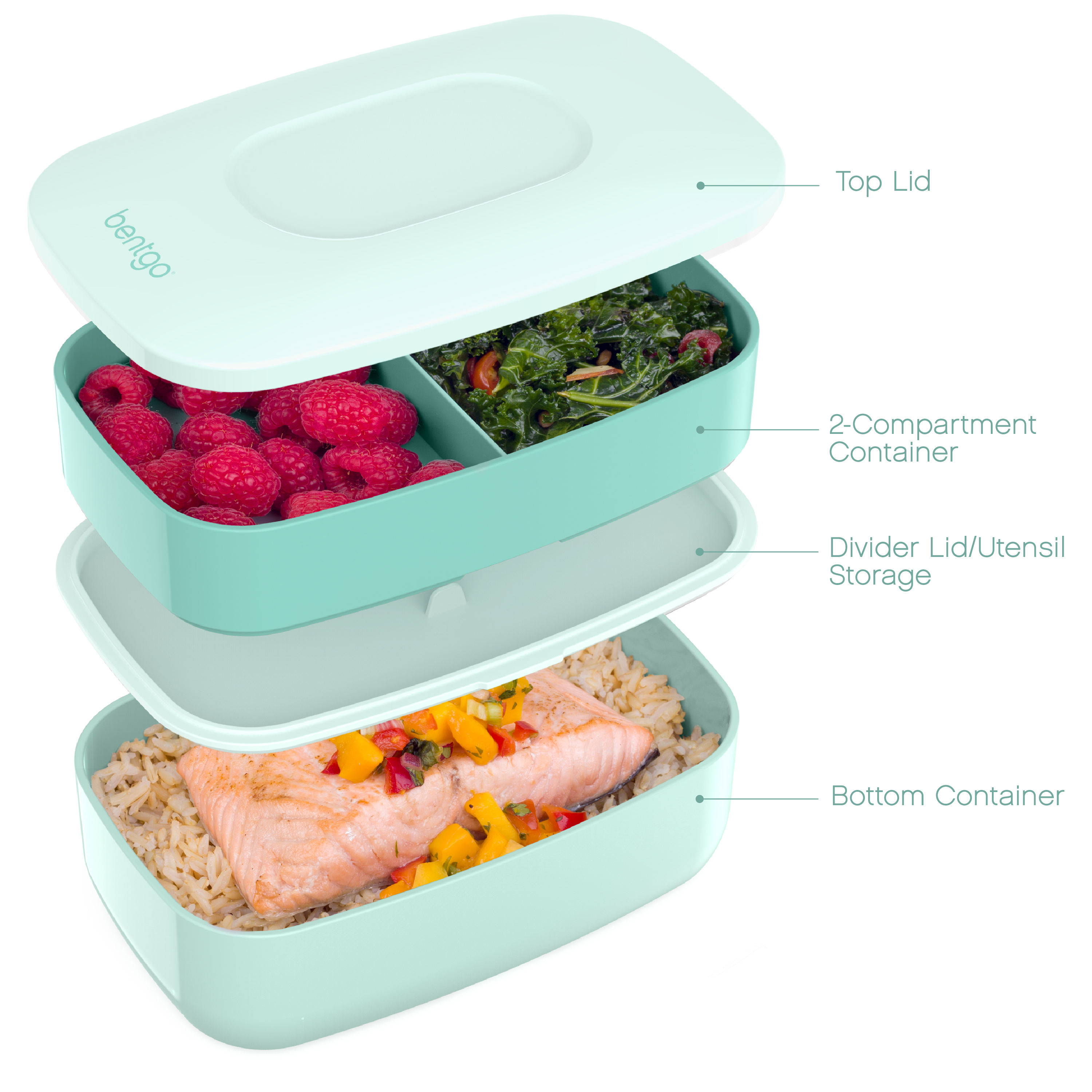 Bentgo Classic - All-in-One Stackable Bento Lunch Box Container - Modern Bento-Style Design Includes 2 Stackable Containers, Built-in Plastic Utensil Set, and Nylon Sealing Strap (Coastal Aqua) - image 3 of 5