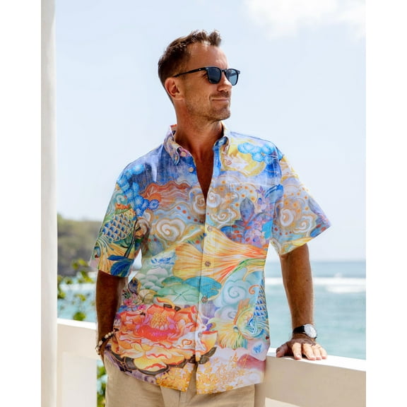 YIUME Men's Designer Hawaiian Shirt Cloud-wandering Koi Print Cotton Aloha Shirt