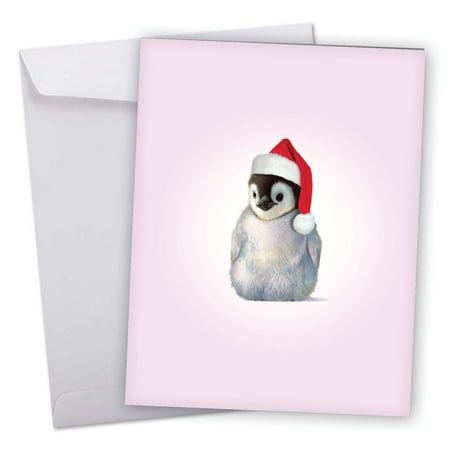 J6726BXSG Big Merry Christmas Greeting Card: 'Zoo Babies' Featuring a Sweet and Adorable Baby Penguin Wearing a Christmas Hat Greeting Card with Envelope by The Best Card