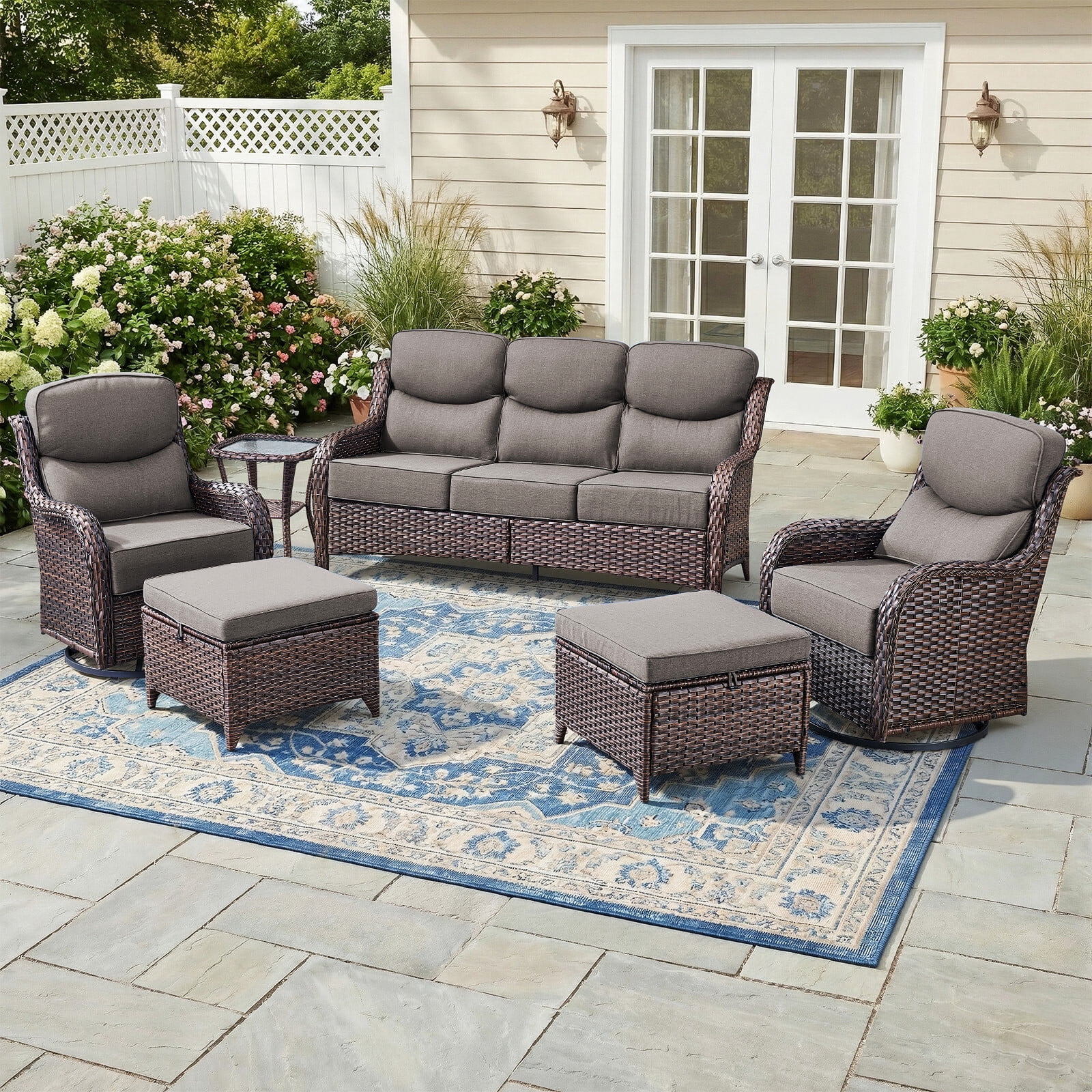 Bellefurn 6 Pieces Luxury Outdoor Patio Furniture Sets Outdoor Conversation Sets with Swivel Rocker Patio Chairs with 6" Thick Cushion,Sofa and Glass Coffee Table for Porch Deck Backyard Poolside
