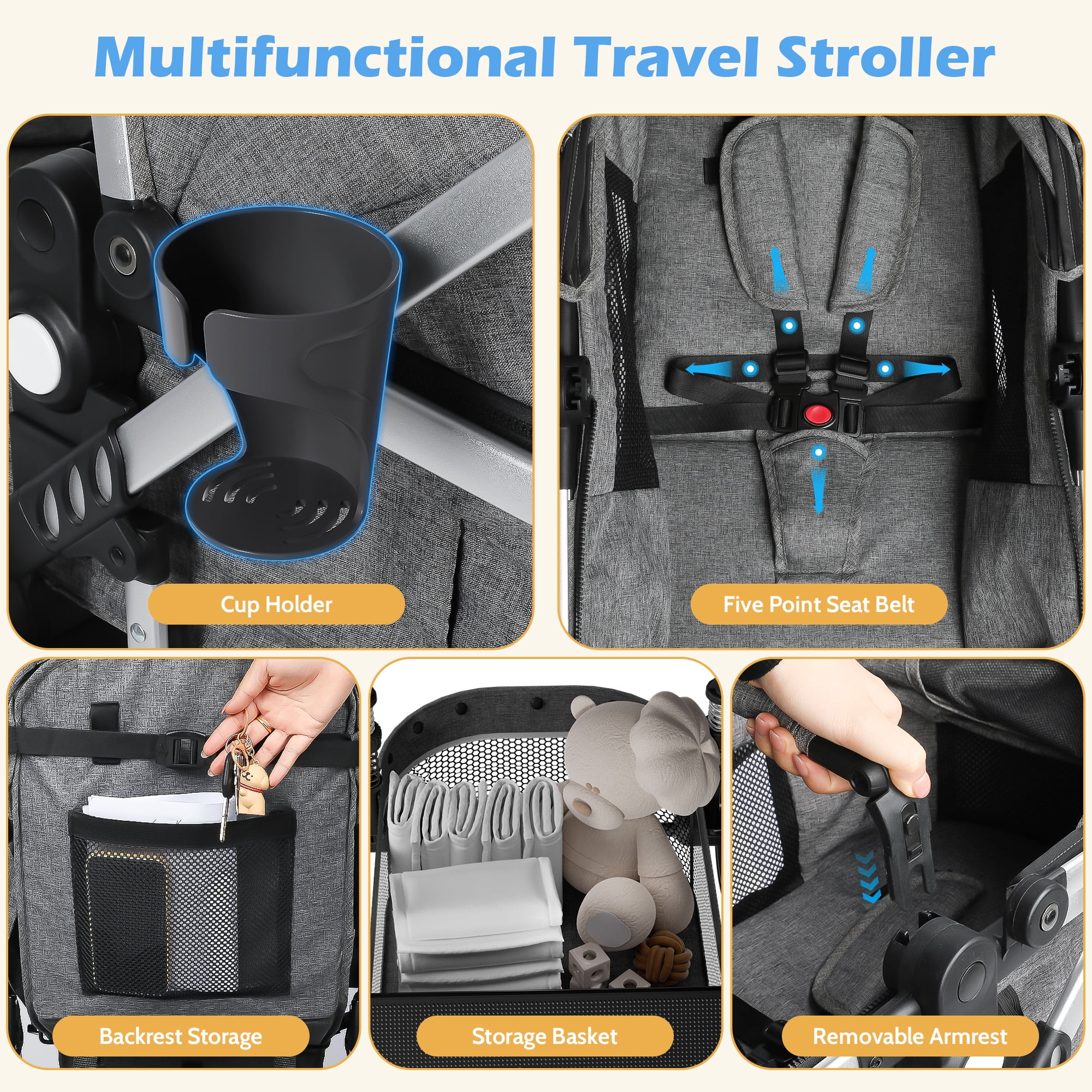 babyeap 2 in 1 Baby Stroller,Foldable Lightweight Carriage Reversible Bassinet Pram for Toddler,Travel Stroller with with Cup Holder、Storage Bag,Gray