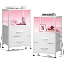 CZMDZH White Night Stand Set of 2 with Charger Station, LED Nightstand with 2 Fabric Drawers and Storage Shelf, Bedside Tables with 3 USB Ports and 2 Outlets, Small Dresser for Bedroom,Small Space