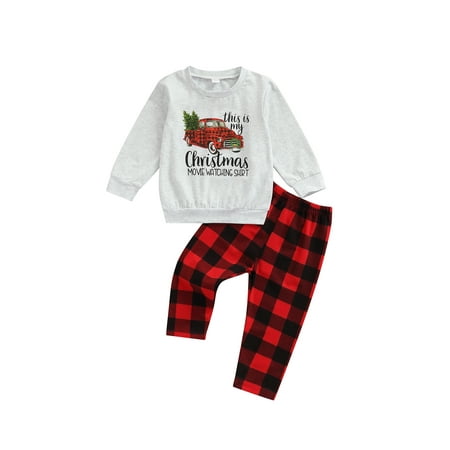 

JYYYBF 2-7Y Christmas Toddler Baby Boys Girls Outfits Car Tree Print Long Sleeve Sweatshirt Plaid Pants 2Pcs Xmas Outfit Red 2-3 Years