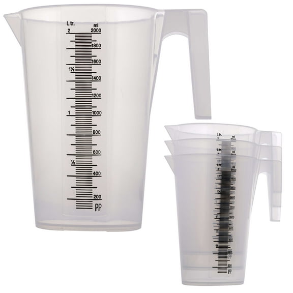 TCP Global 2 Liter (2000ml) Plastic Graduated Measuring and Mixing Pitcher (Pack of 4) - Holds Over 2 Quarts (64oz) - Pouring Cup, Measure & Mix Paint, Resin, Epoxy, Kitchen Cooking Baking Ingredients