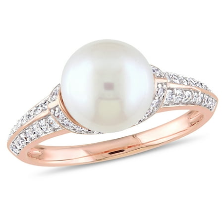 Miabella 9-9.5mm White Cultured Freshwater Pearl and 1/3 Carat T.W. Diamond 10kt Rose Gold Ring