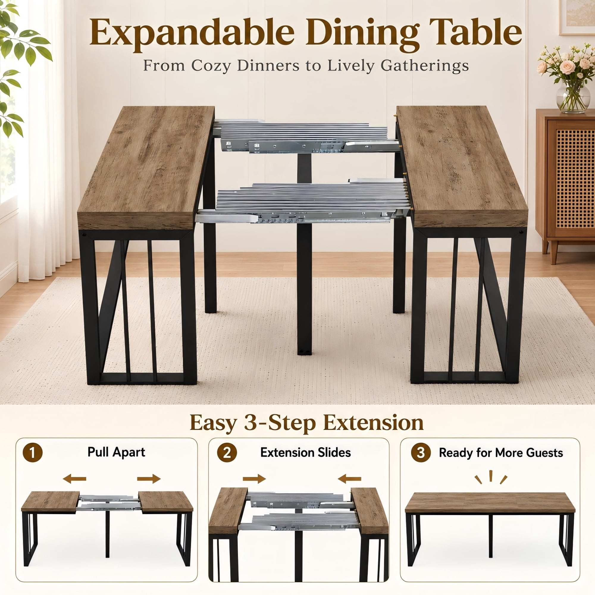 BSHTI 23.62"-118" MDF Extendable Rectangular Dining Table with Metal Base, Wood Grain Top for Kitchen/Dining Room（Ancient Oak）