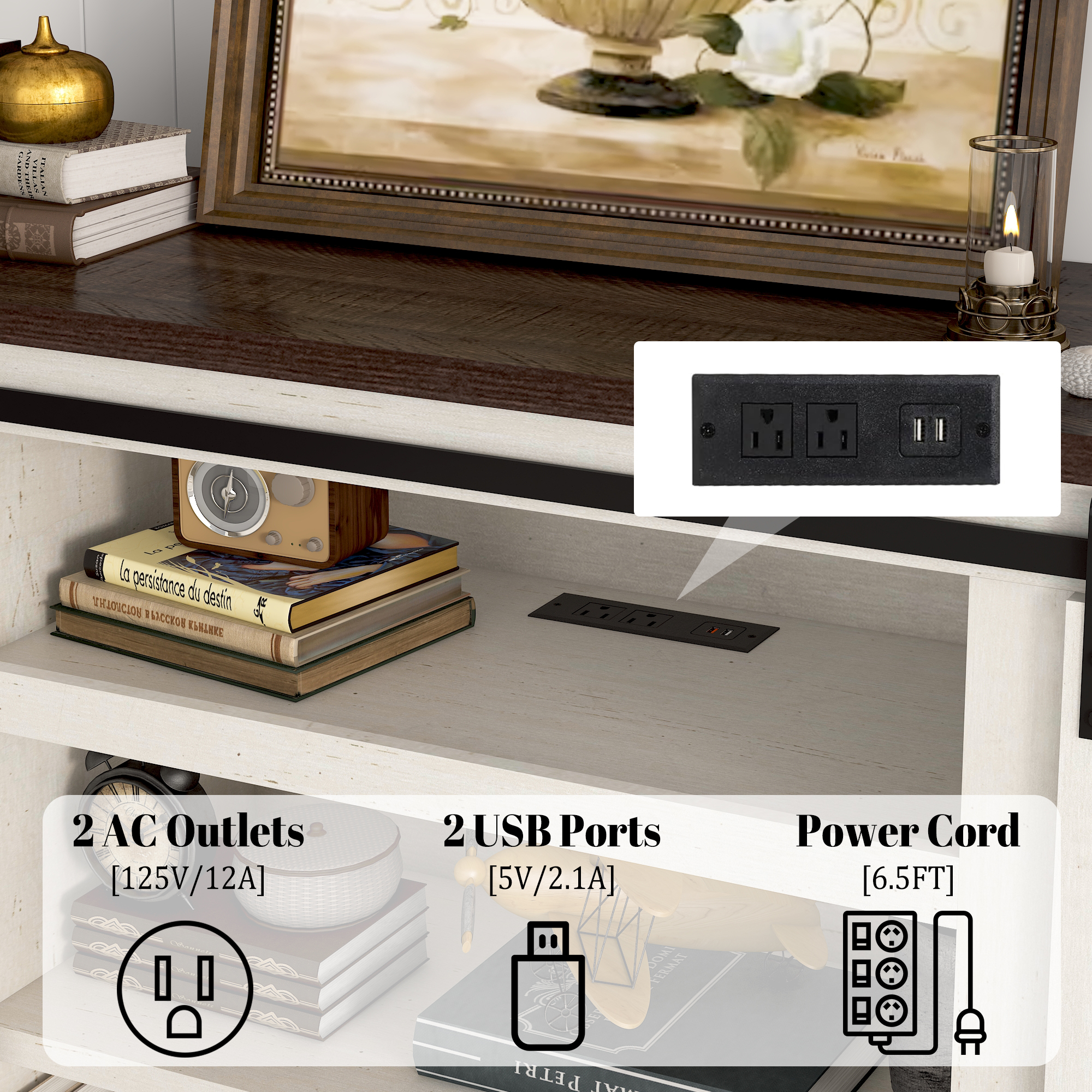 Chvans 66" Farmhouse TV Stand with Sliding Barn Doors & Charging, White photo 3