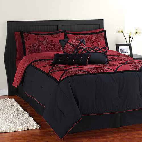 Hometrends King Amaryllis Comforter Set, Red And Black King Bedding
