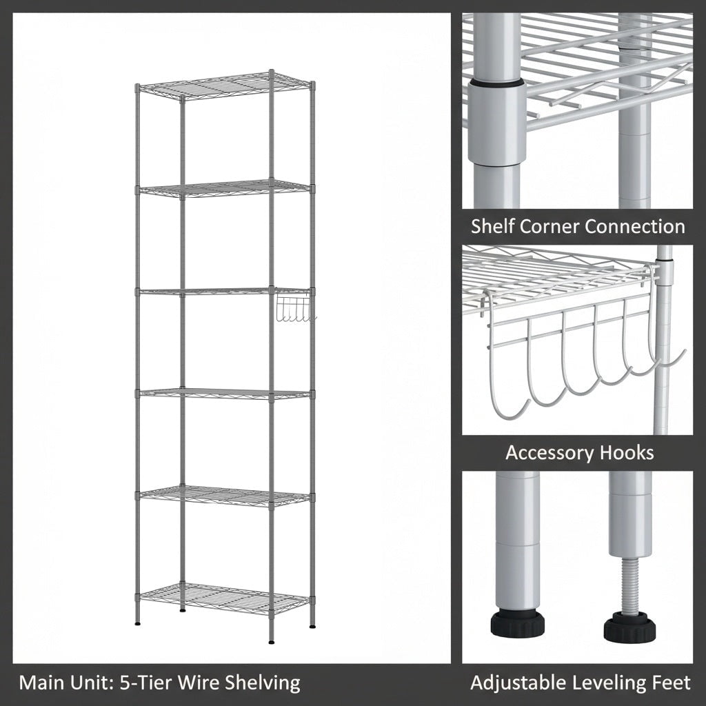 Sailvan 6-Tier 63"H Metal Storage Rack with Wheels, Slim Wire Shelving Unit for Pantry Kitchen Bathroom, Adjustable Shelves with Hooks, 530lbs Cap,Silver