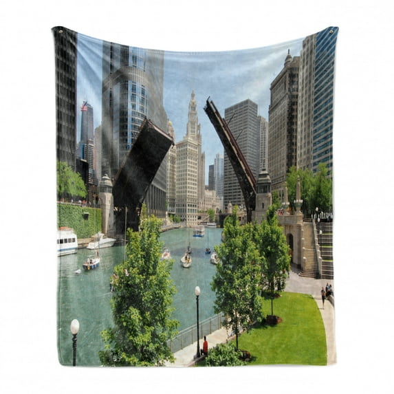 United States Soft Flannel Fleece Blanket, Downtown Chicago Illinois Finance Business Center Lake Michigan Avenue Bridge, Cozy Plush for Indoor and Outdoor Use, 50" x 70", Multicolor, by Ambesonne