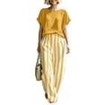 thumbnail image 2 of Maqroz Women 2 Piece Outfits Sets Summer Solid Crew Neck Short Sleeve Top and Striped Pants Set Elastic Waist Pockets Casual Vacation Travel Sets Yellow XXXXL, 2 of 6