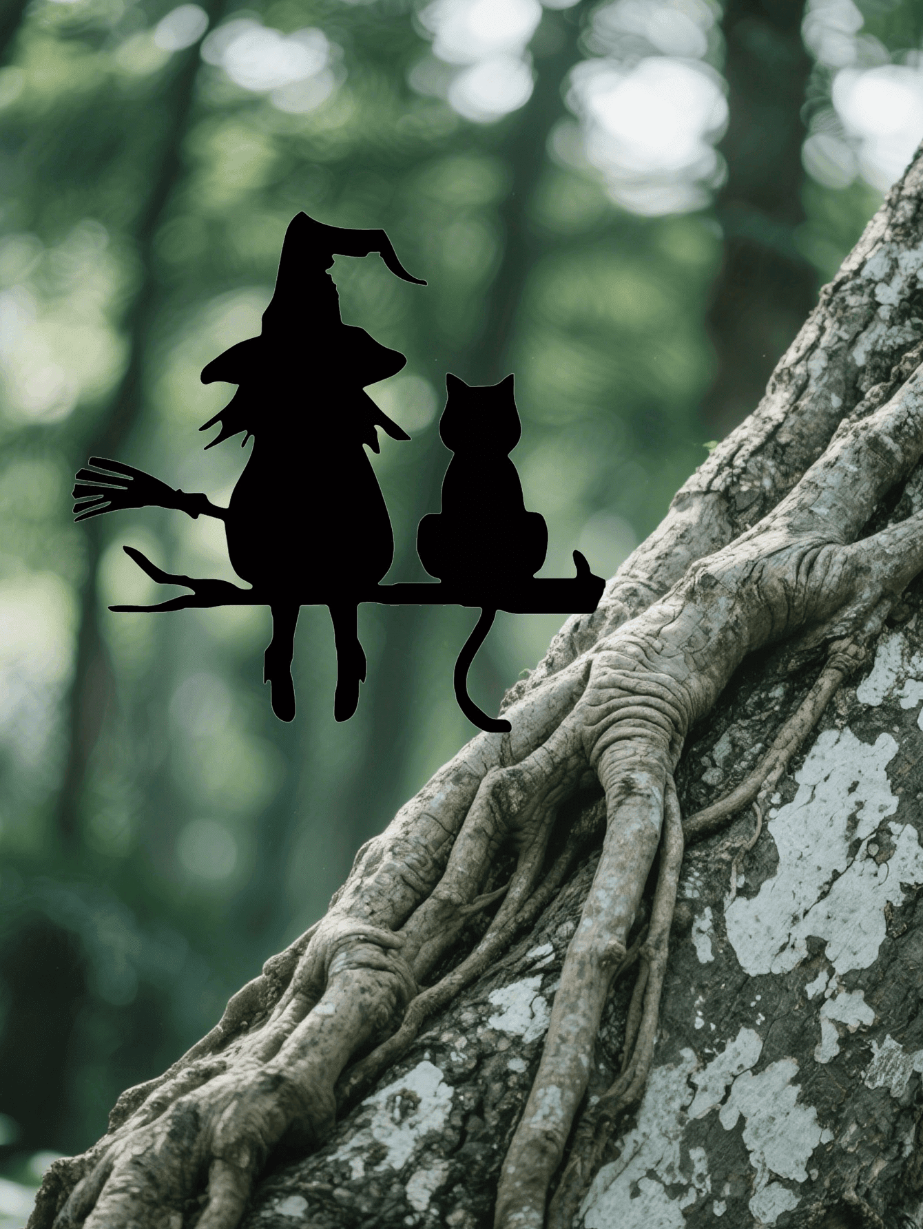 Funny Halloween Witch and Black Cat Metal Wall Art, Broom Silhouette Iron Decorative Plaque, Wall Hanging Ornament for Home Living Room Bedroom & Outdoor Patio