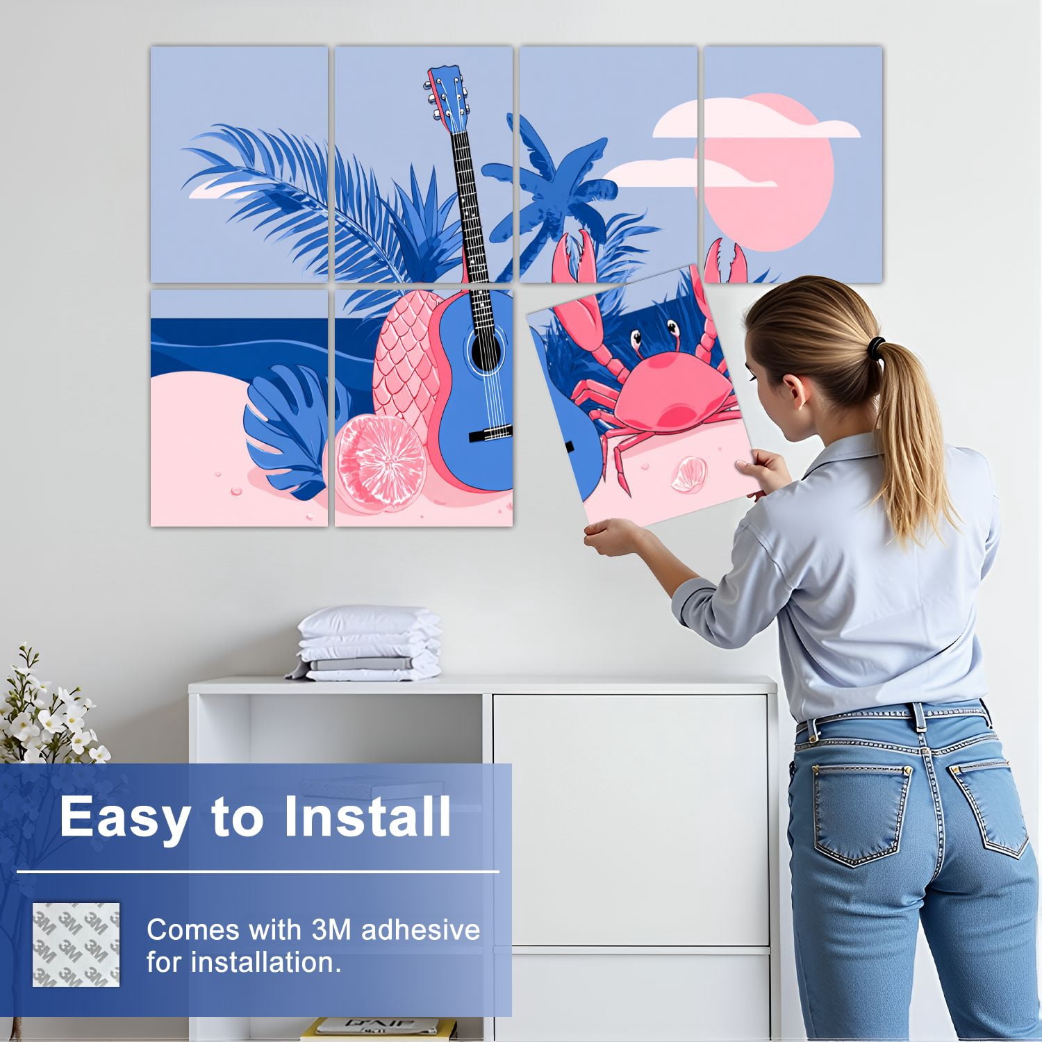 8 Pack Art Acoustic Panels Sound Absorbing Vacation Tropical Country Rustic Decor Figures Guitar Pineapple Crab Decorative Soundproof Wall Panels Self Adhesive for Nursery Game Room Bedroom 48"x32"