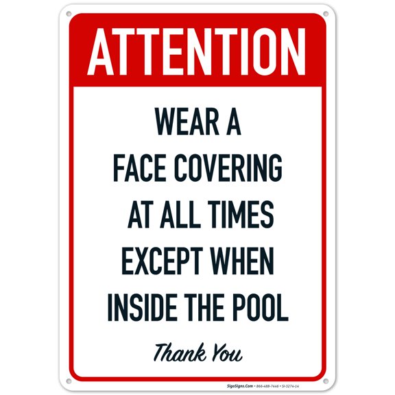 Social Distancing Pool Sign, Wear Face Covering At All Times,