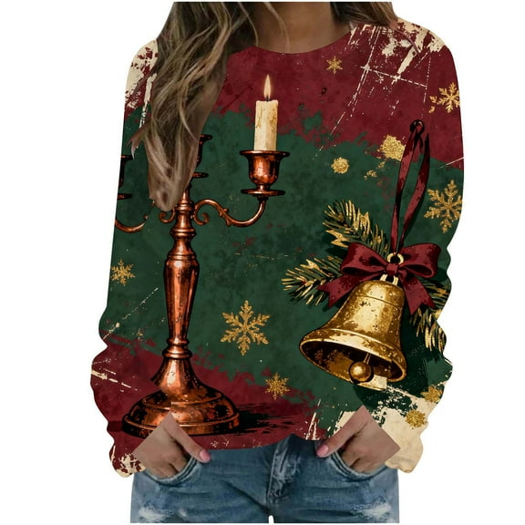 Fall Fashion Must Haves Womens Round Neck Long Sleeve Holiday Fall Pullover Sweatshirt Christmas Top Women Fall Clothes My Items