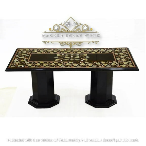 Exquisite Black Marble Dining Table – Handmade Pietra Dura Inlay and Mughal Art for Stylish Patio and Living Room Furniture