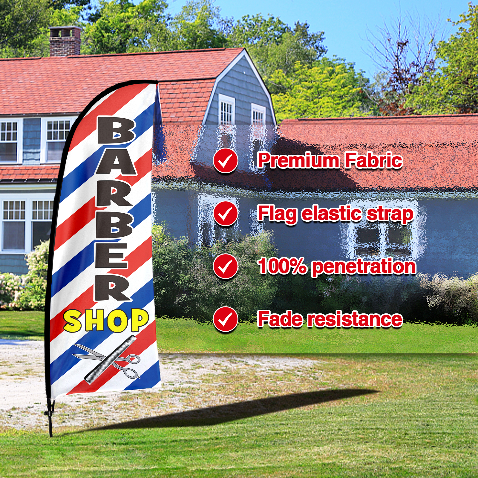 QSUM Barber Shop Feather Flag with Flag Pole Kit and Ground Spike, 7FT Barber Shop Windless Flag Banner Sign Business for Haircut Outdoor Advertising Sign Decoration Display
