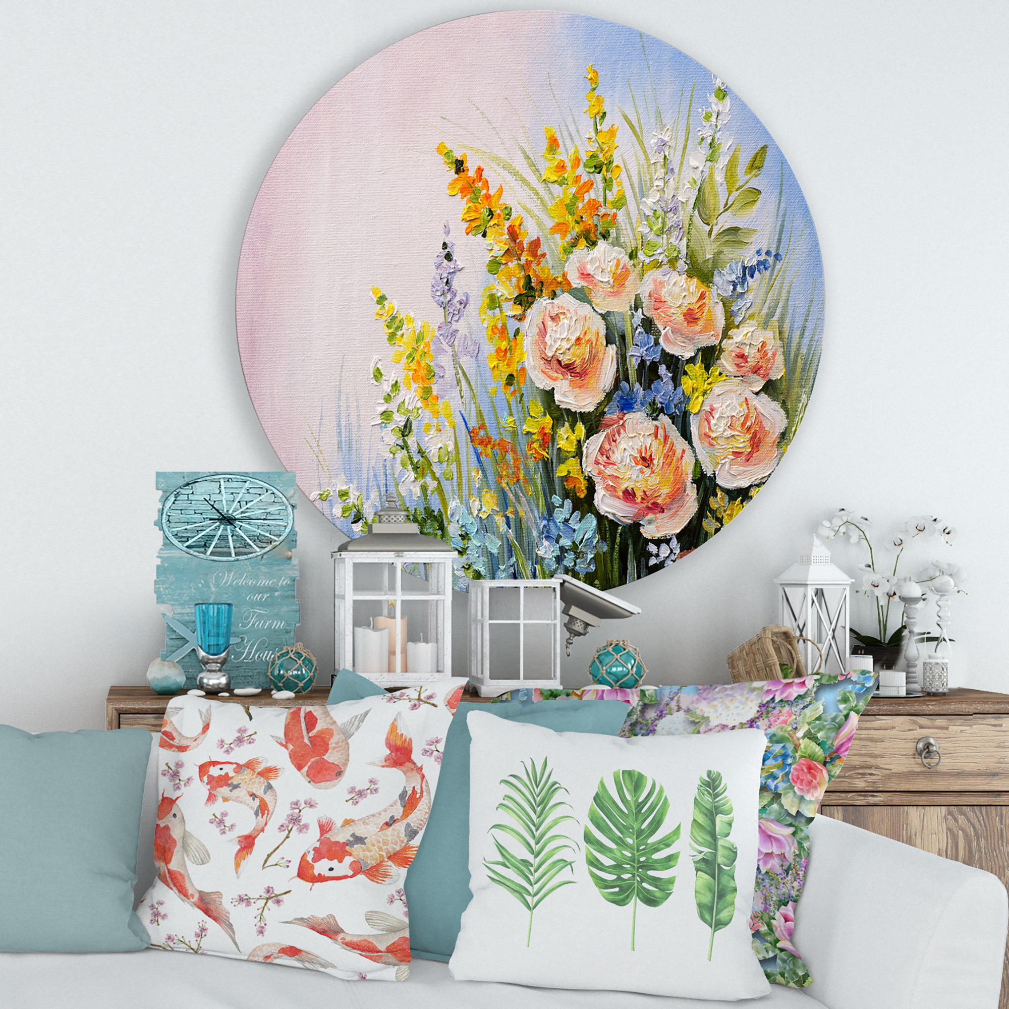 Designart 'Yellow and Pink Summer Wildflowers' Traditional Circle Metal Wall Art 36x36 - Disc of 36