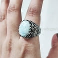 thumbnail image 4 of Natural Larimar Mens Ring, Dominican Larimar Ring, Larimar Birthstone, Silver Jewelry, 925 Silver Ring, Gift, Heavy Mens Ring, Arabic Design, Ottoman Style Ring, Christmas, Turkey Mens Signet Ring, 4 of 7