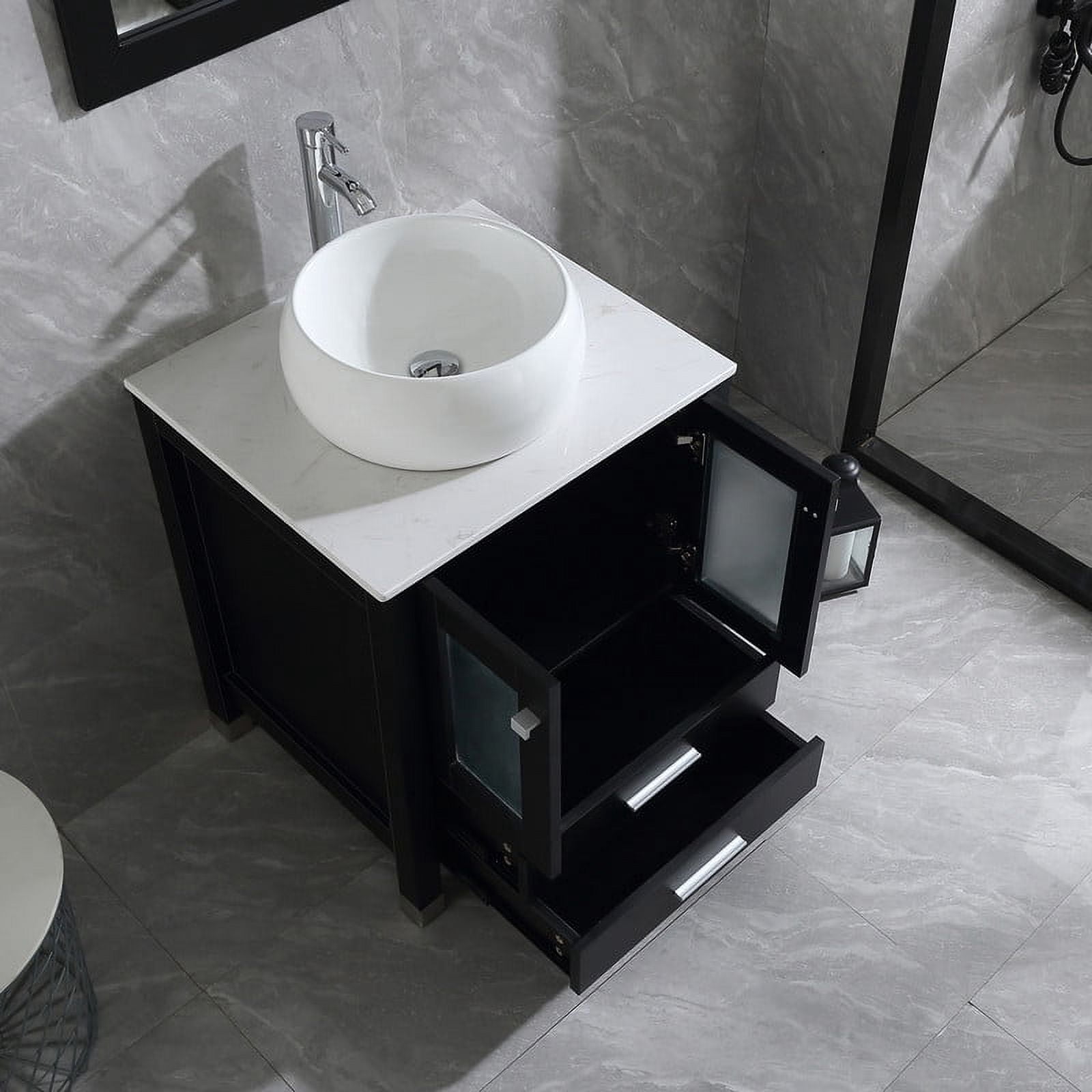 Walsport 24" Luxurious Bathroom Vanity Set with Mirror Black Cabinet and White Ceramic Vessel Sink 2 Large Sliding Drawers and 2-Door Pop-up Drain Faucet