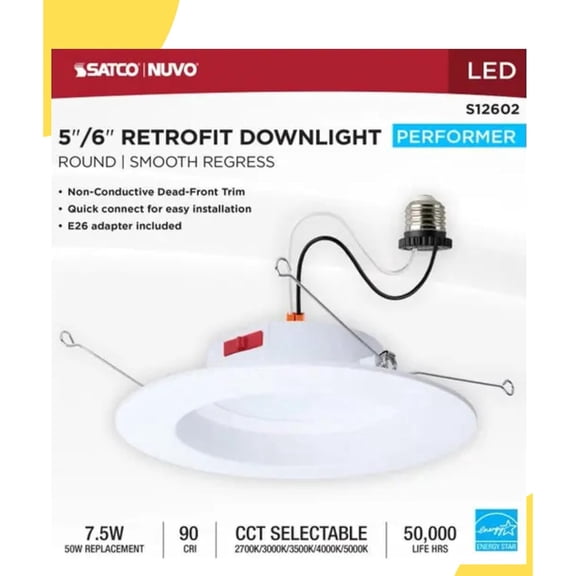 Satco S12602 8 Watt 5–6 Inch LED Downlight Retrofit CCT Selectable 2700K 3000K 3500K 4000K 5000K Round White Finish Energy Efficient Recessed Fixture (12 Pack)