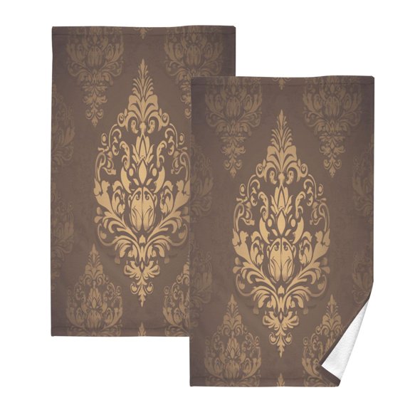 Damask Pattern Set of 2 Pure Cotton Towels, 16'' x 28'', Highly Absorbent and Soft