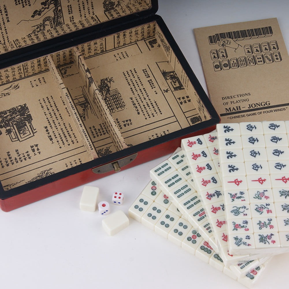 Portable Chinese Mahjong Set with 2 Pcs Dice Wooden Carrying Case for Travel Game