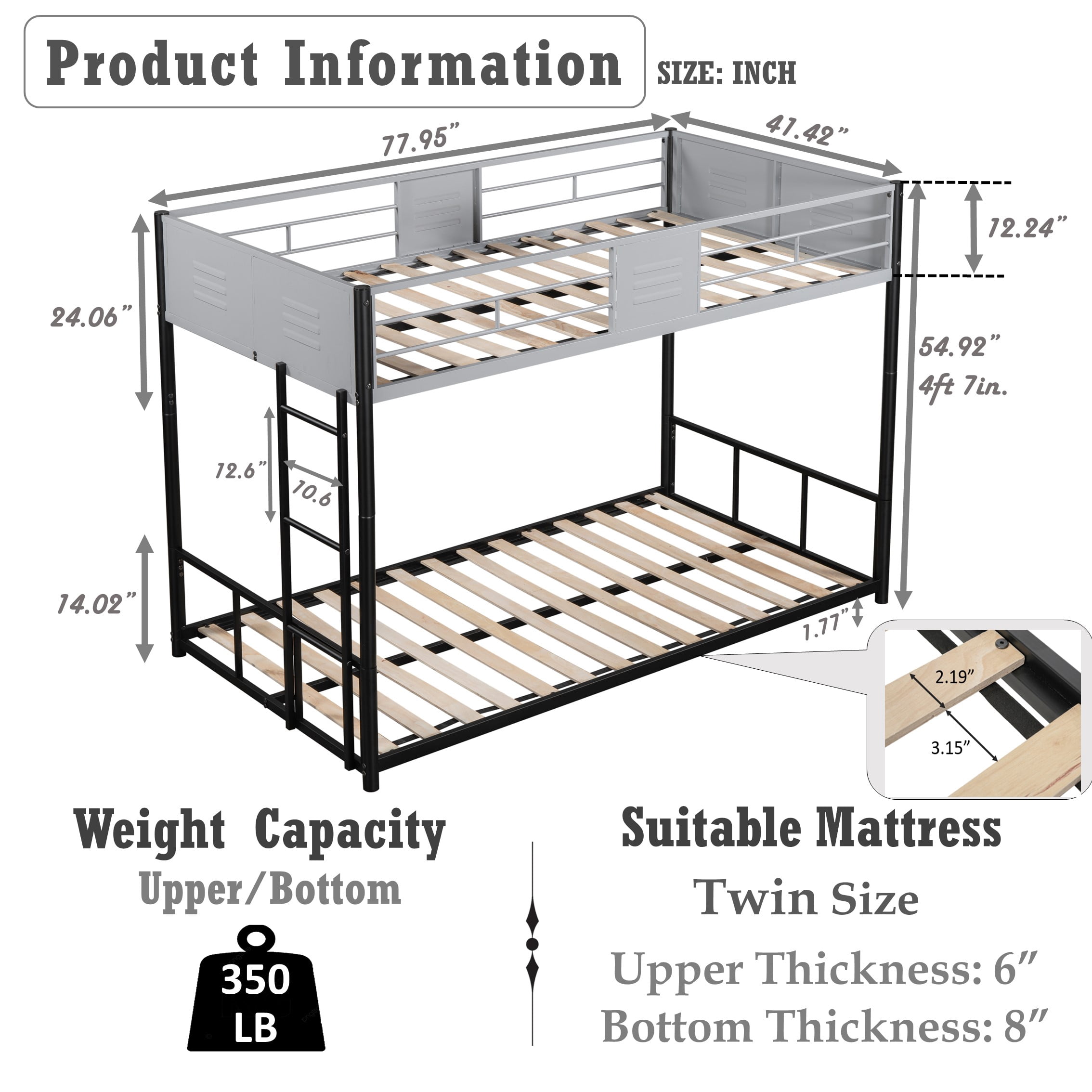Miniyam Twin over Twin Bunk Bed with Safety Guardrail for Kids, Gray