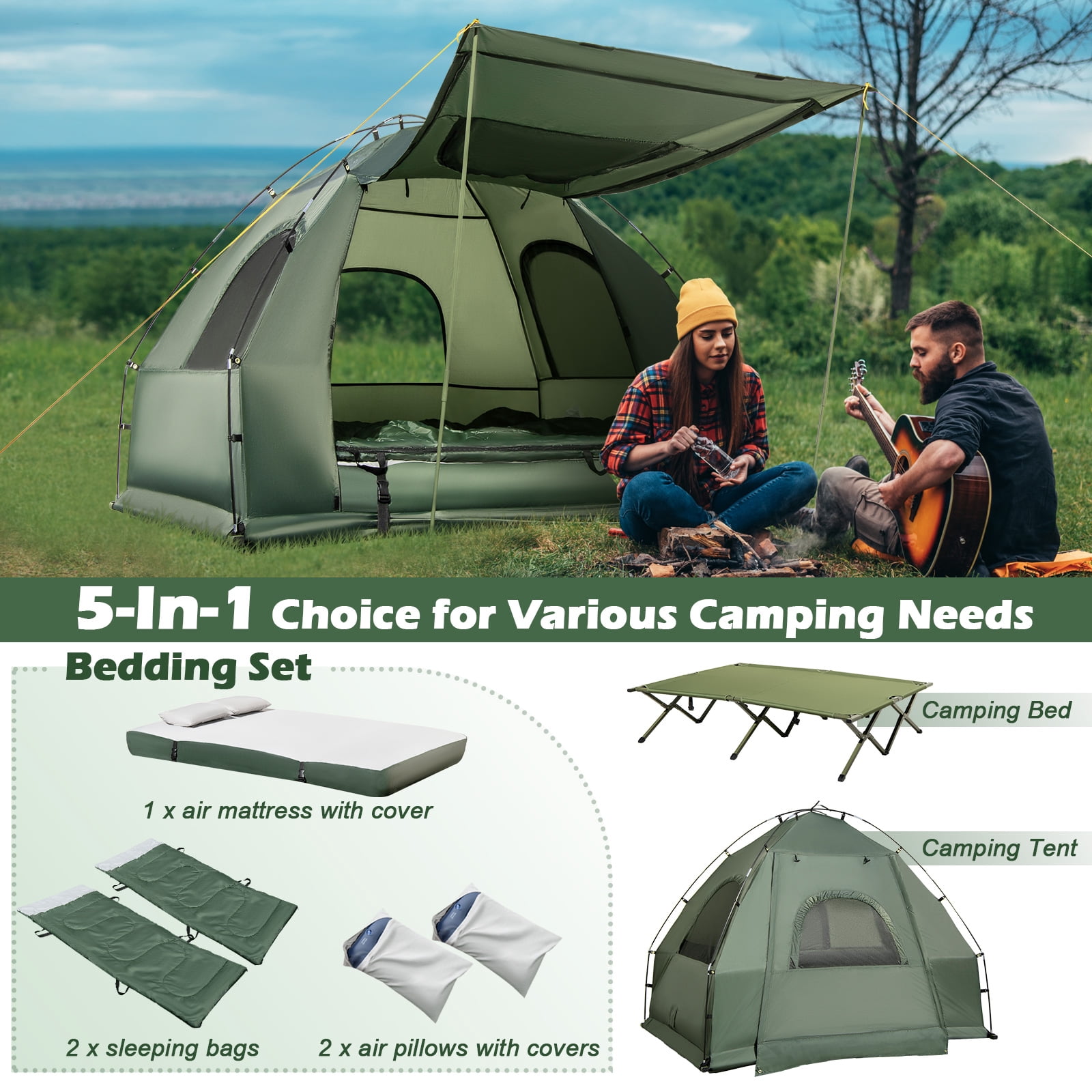 Gymax 2-Person Camping Combo Tent Cot 5-in-1 Folding Bed w/ Air
