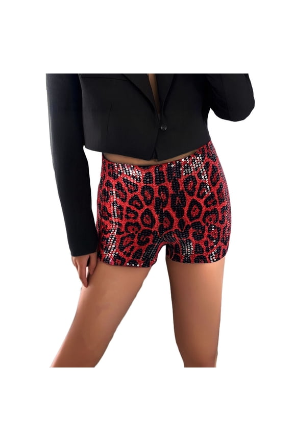 xingwang Clearance Plus Size Shorts for Women High Waisted,Women's Leopard Sequin Mini Shorts Drop Waist Skinny Shorts Club Rave Bottoms Hot Pink L