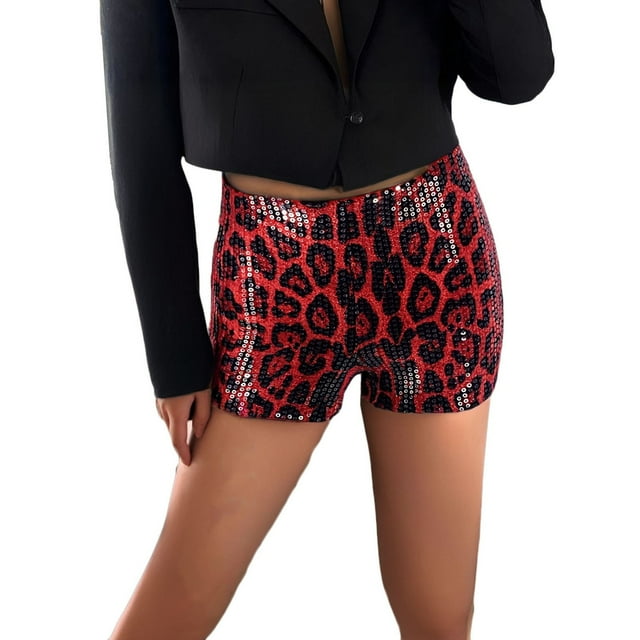 Shorts Mini Léopard à Paillettes pour Femmes Taille Haute Skinny Scintillants Mini Shorts Fête Boîte de Nuit Rave Mode Bas Tenues