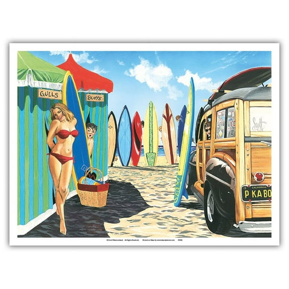 Peek-a-Boo - Retro Woodie with Surfboards and Pin-up Girl - From an Original Color Painting by Scott Westmoreland - Master Art Print (Unframed) 9in x 12in