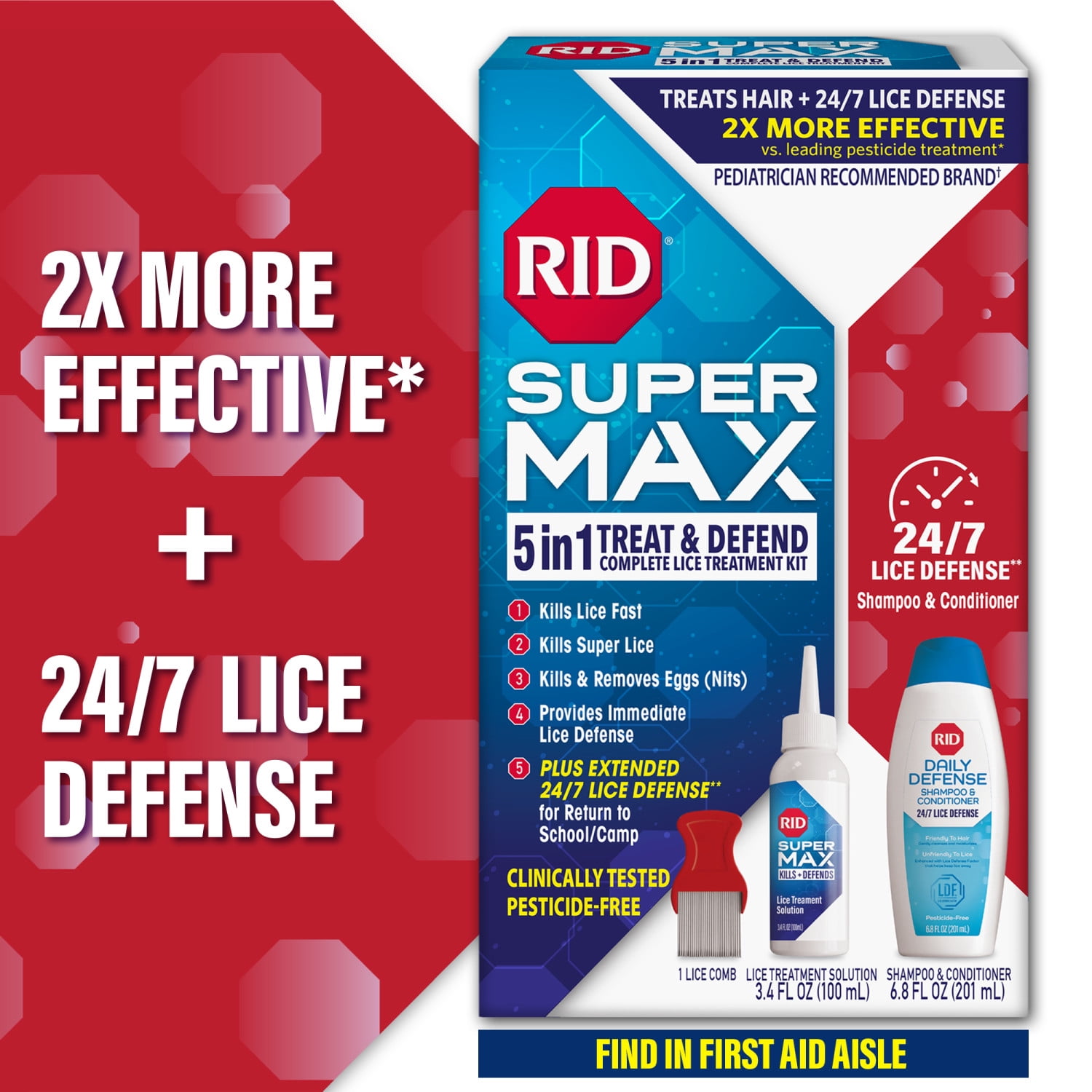 RID Super Max 5-in-1 Complete Lice Treatment Kit Kills Super Lice & Eggs + 24/7 Lice Defense
