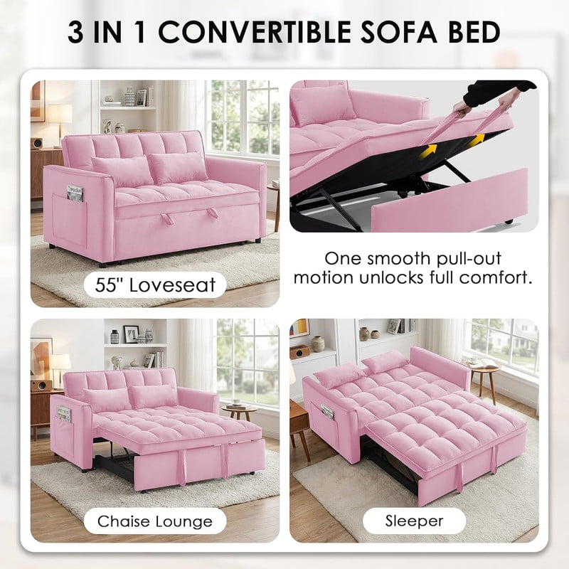 3 in 1 Convertible Sleeper Sofa Bed, 55" Modern Loveseat Pull Out Couch with Adjustable Reclining Backrest & Side Pockets, Velvet Loveseat for Living Room