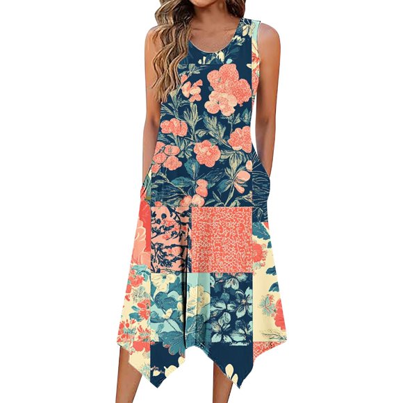 Hauts à Porter avec Jupes Robe Sans Manches Imprimée Col Rond avec Grande Jupe Imitation Coton, Ample pour la Maison et les Voyages