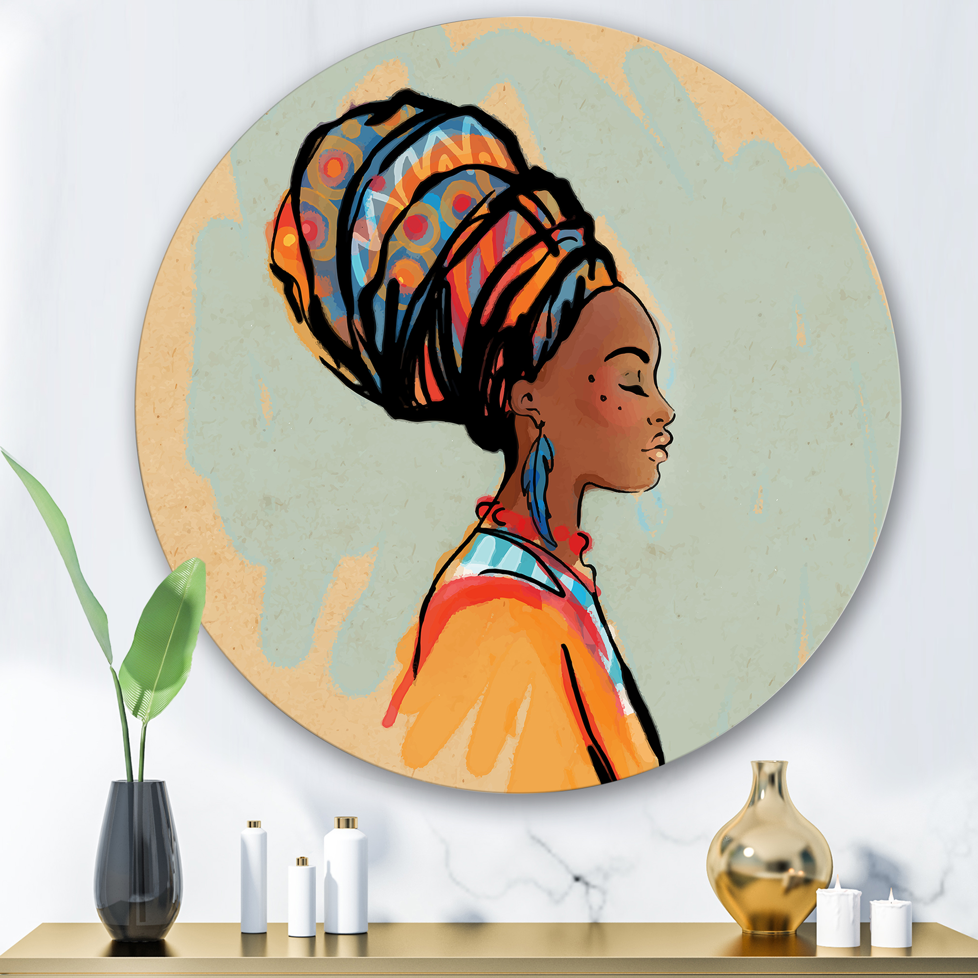 Designart 'Portrait of African American Woman With Turban III' Modern Circle Metal Wall Art 36x36 - Disc of 36