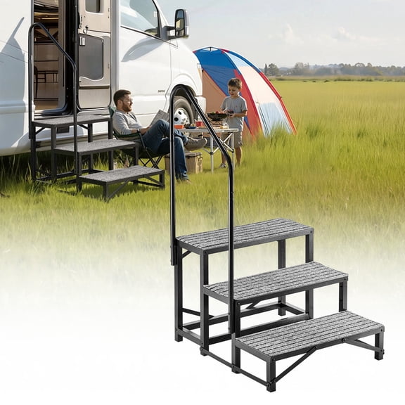VEVOR RV Steps with Handrail, 3 Steps, 660 lbs Load Capacity, Heavy Duty Outdoor RV Stairs with Non-Slip Mat for Elderly and Pets