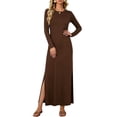 thumbnail image 2 of Ayolanni Split Fall Dresses Fitted Waist Long Sleeve Solid Crew Neck Maxi A-Line Dress Vacation Party Elegant Sundress Brown M, 2 of 7