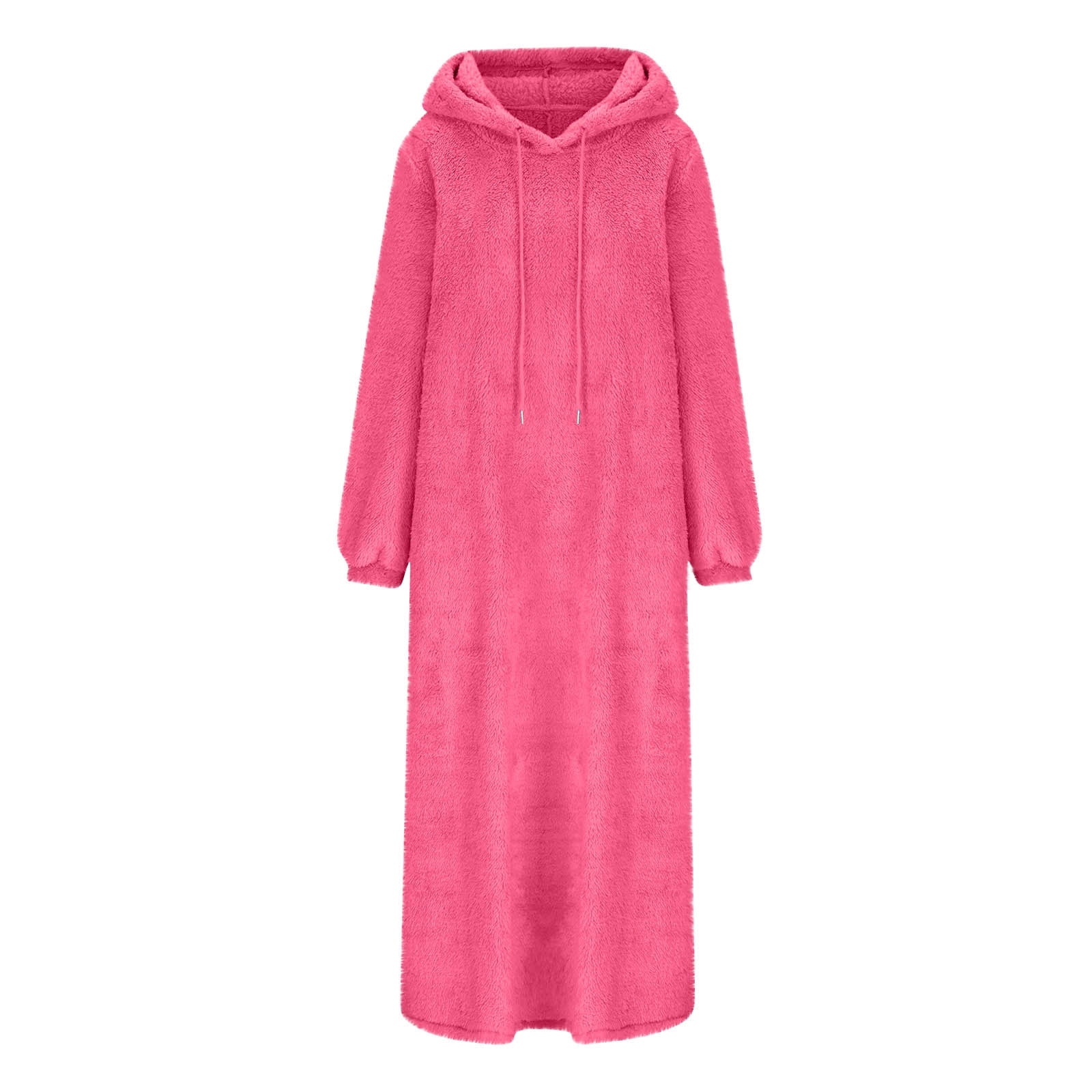 Yuaqua Women's Fluffy Nightgowns Long Sleeve Fuzzy Fleece Hooded Midi Dresses Fall Winter Loungewear Dress with Pockets(Hot Pink,Large)