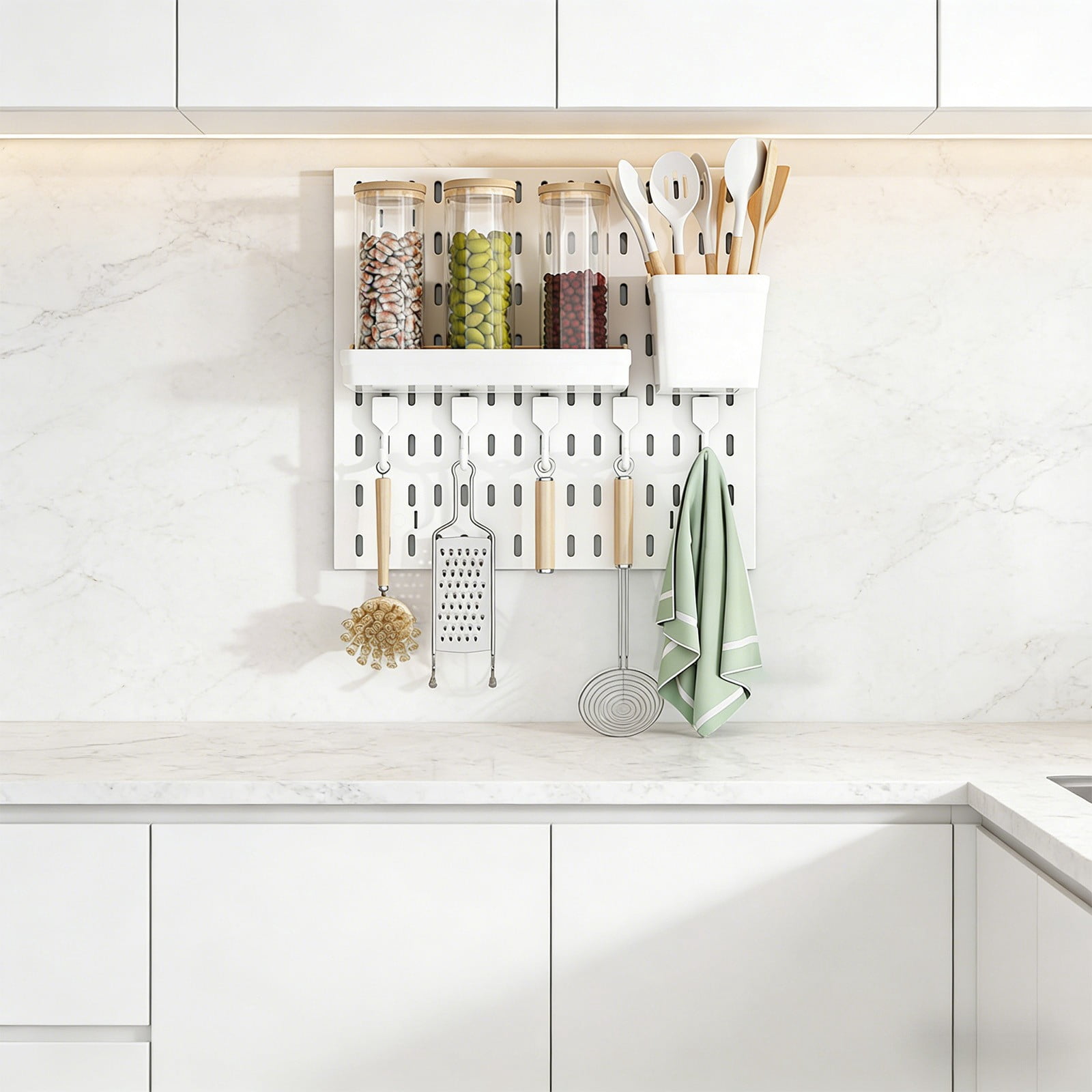No Drill Pegboard Wall Mount Organization Set Includes Panel Container Shelf And Hooks For A Complete Customizable Storage System In Your Kitchen