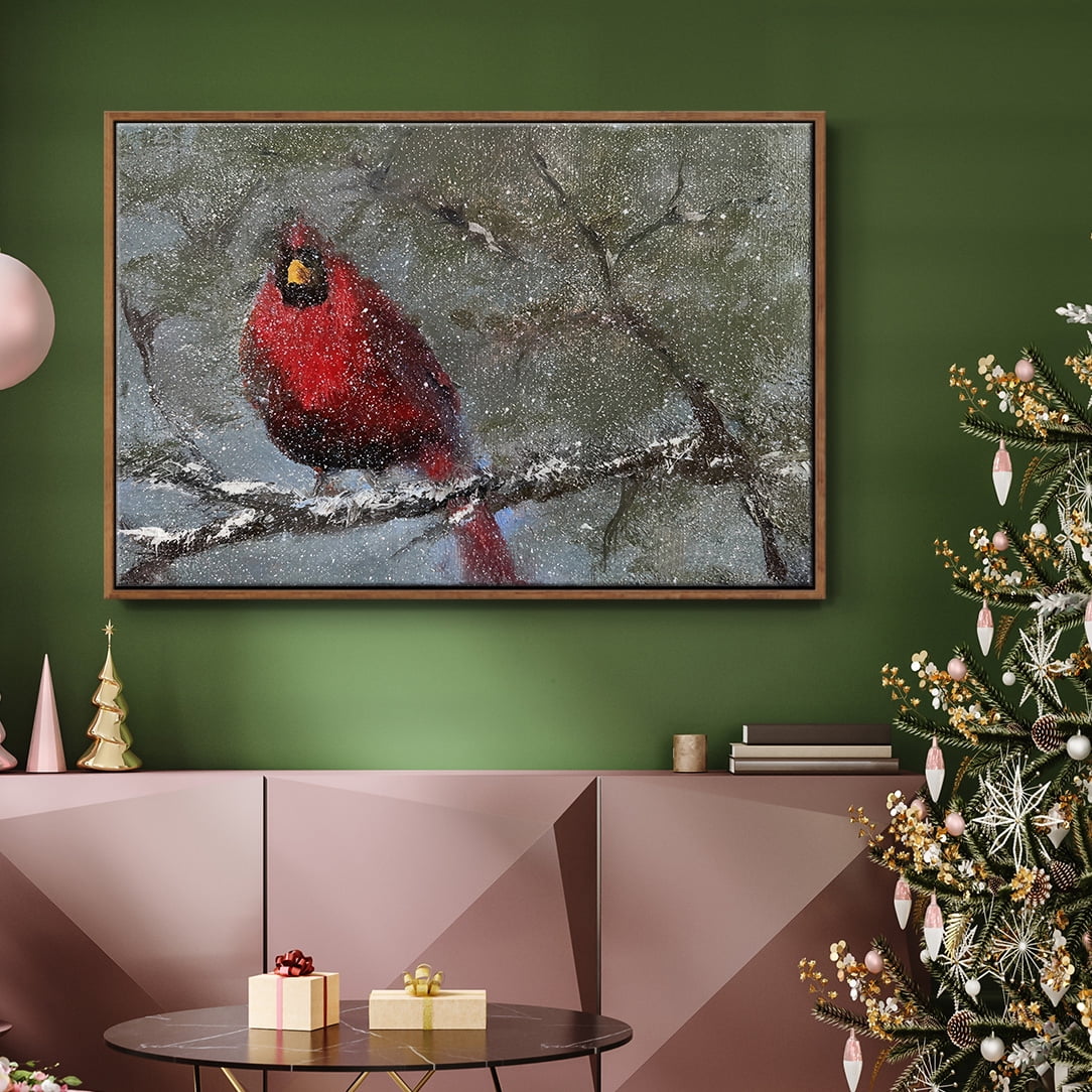 Cardinal in Snow I - Framed Gallery Wrapped Holiday Canvas - 17 x 25 - Rosewood Frame
