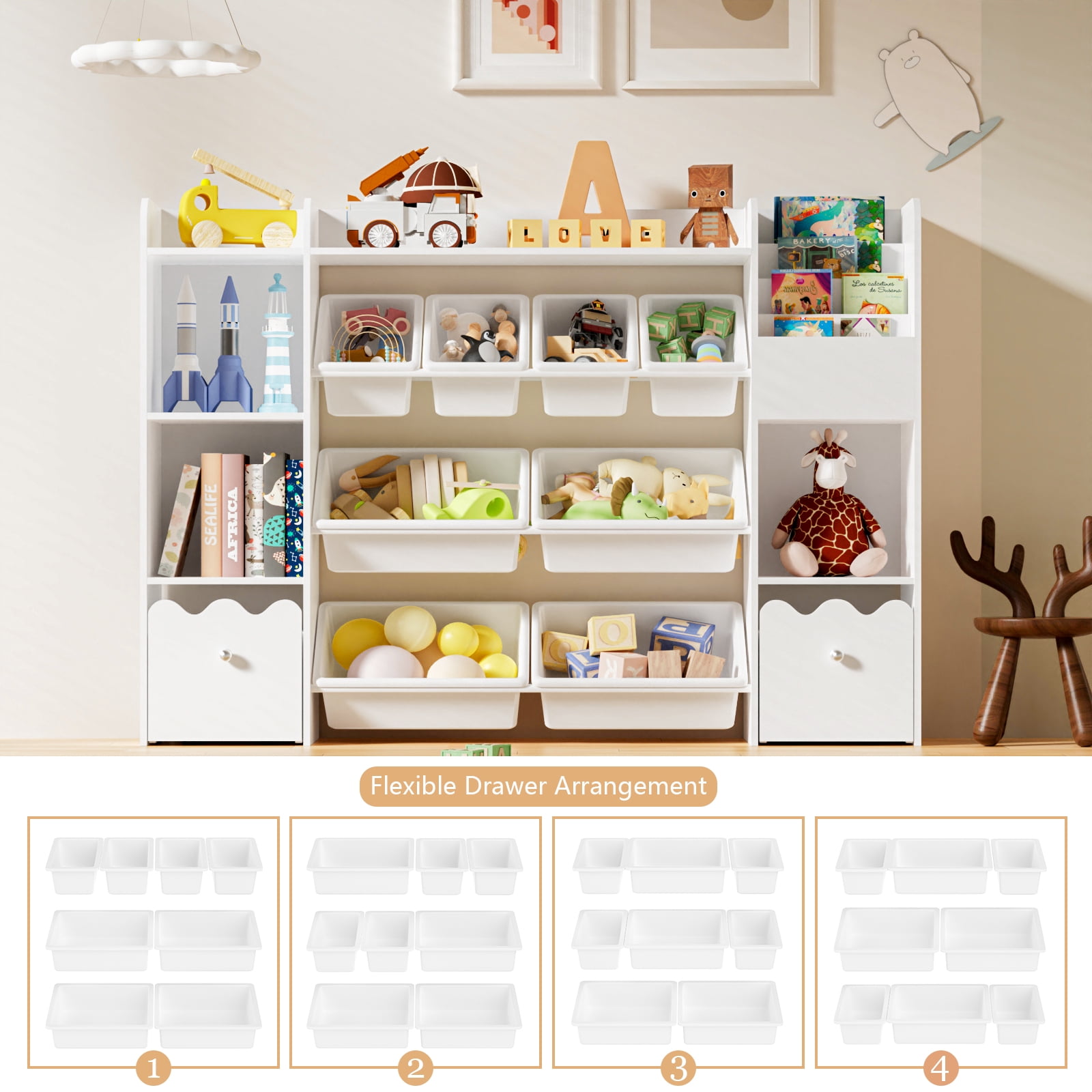 Hommpa Kids Toy Storage Organizer with 8 Toy Storage Bins, Kids Bookcase with 4-Tier Bookshelf, Toy Organizer with 2 Removable Drawers and 3 Cube Storage for Bedroom Playroom, White