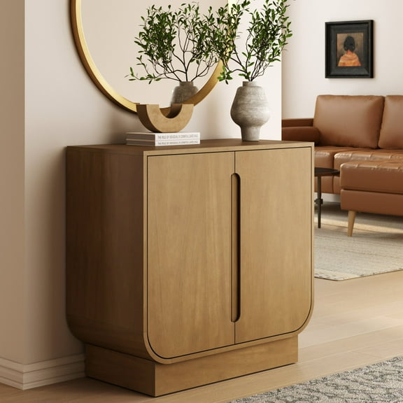 Nathan James Joey Mid Century Modern Storage Cabinet, Arched Accent Cabinet with Rounded Bottom Edges and Integrated Door Pull Cutouts, Light Brown